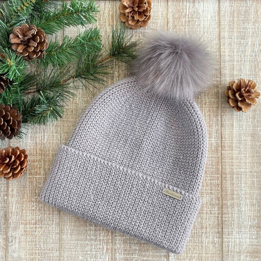 Merino Wool Pompom Gray Beanie Fold Over Hat